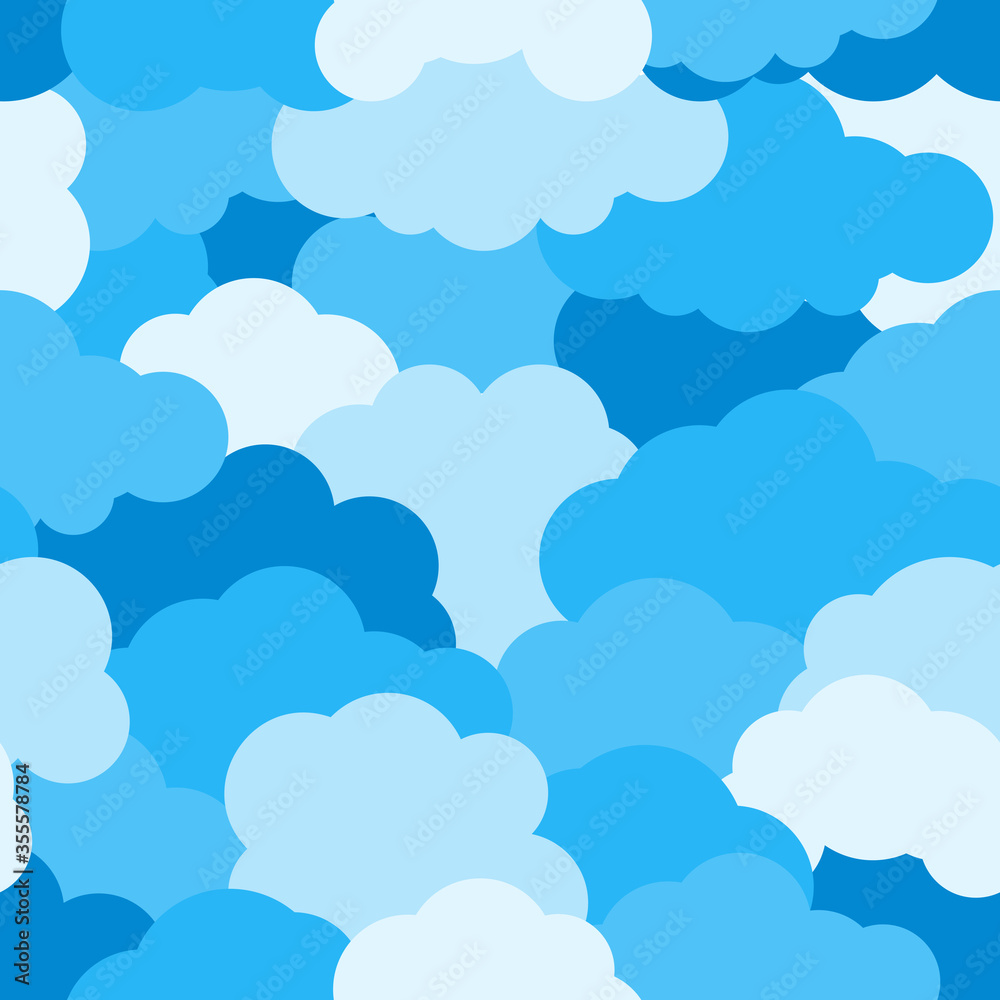 Cartoon blue sky cloud seamless pattern. limitless background, cloudy heaven layered effect. Flat cartoon air weather sign. Repeat ornament for paper wrap, fabric, print. Vector illustration