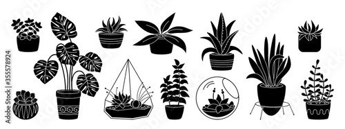 Succulents and plant, decorative potted ceramic flat silhouette set. Black glyph cartoon house indoor flower. House plants, cactus, monstera, aloe flowerpot. Isolated vector illustration