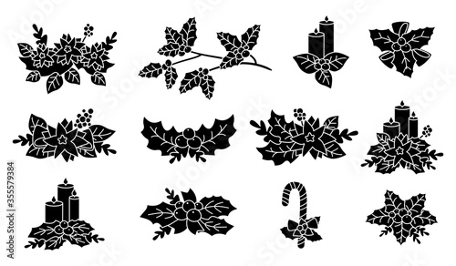 Christmas poinsettia, holly, candle silhouette set. Black glyph flat cartoon design. New year and christmas composition. Berries and candy, flower collection, with stars. Isolated vector illustration