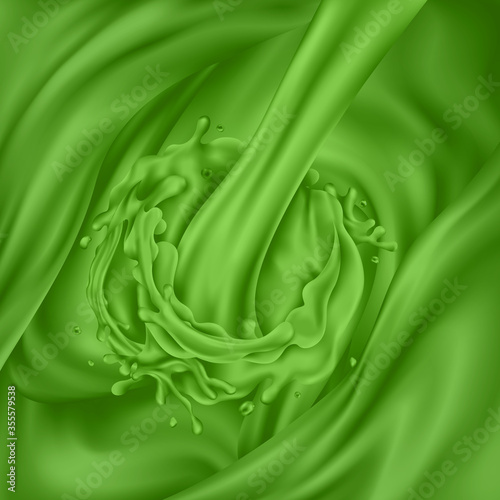 Stream of green juice pours into green liquid waves