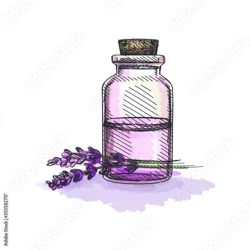 Watercolor colorful Hand-drawn pink sketch of lavender flower with a glass jar on a white background. Lavender plant. Lavender treatment. Branch of lavender. Herbs and plants.	