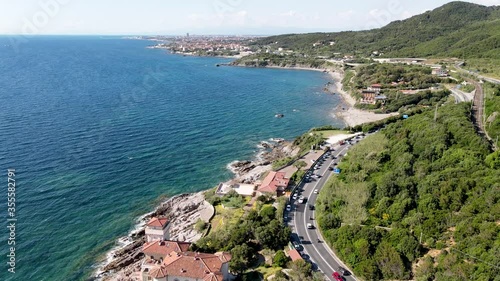 Amazing aerial view of Tuscany coastline in Calafuria area, Italy. Slow motion photo