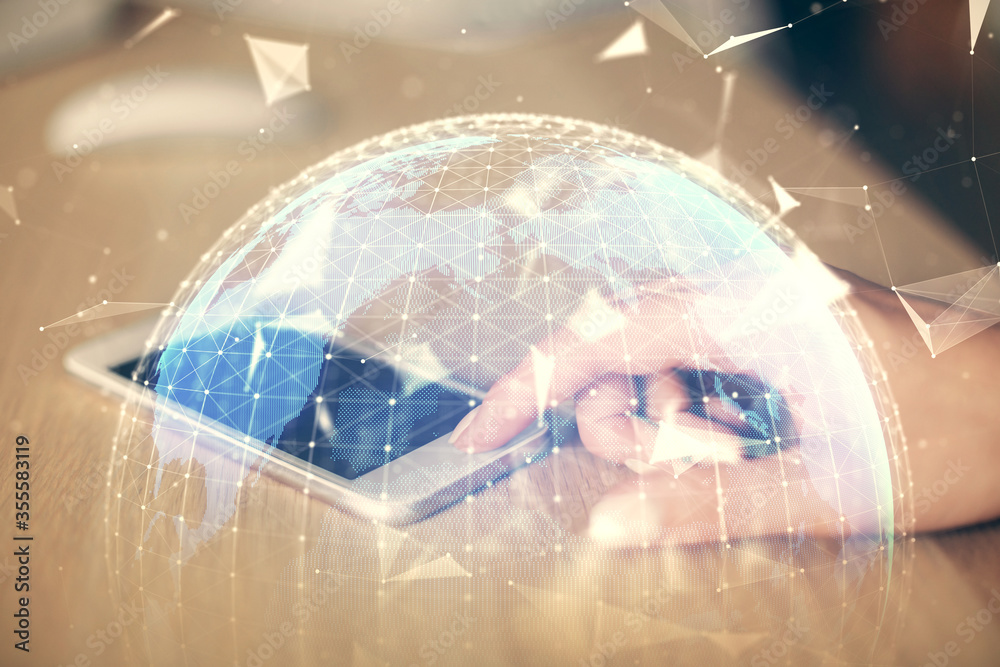 Double exposure of business theme sketch hologram and woman holding and using a mobile device. Double exposure of business theme sketch hologram and woman holding and using a mobile device.