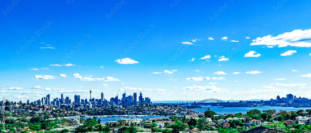 Beautiful panorama view of Sydney CBD Skyline and the harbour from Watson’s Bay on a sunny winters day in NSW Australia