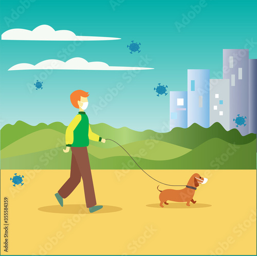 illustration vector graphic of man with his dog walk in at the park while wearing mask for herd immunity and self protect from preventing the spread of corona virus.