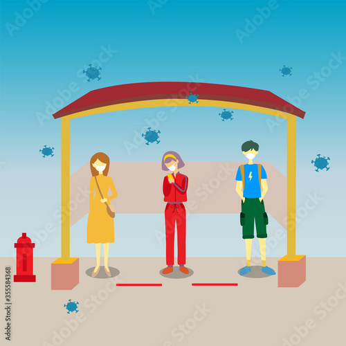 illustration vector graphic of people physical distancing and use mask at bus stop for herd immunity and protect their self from preventing the spread corona virus.