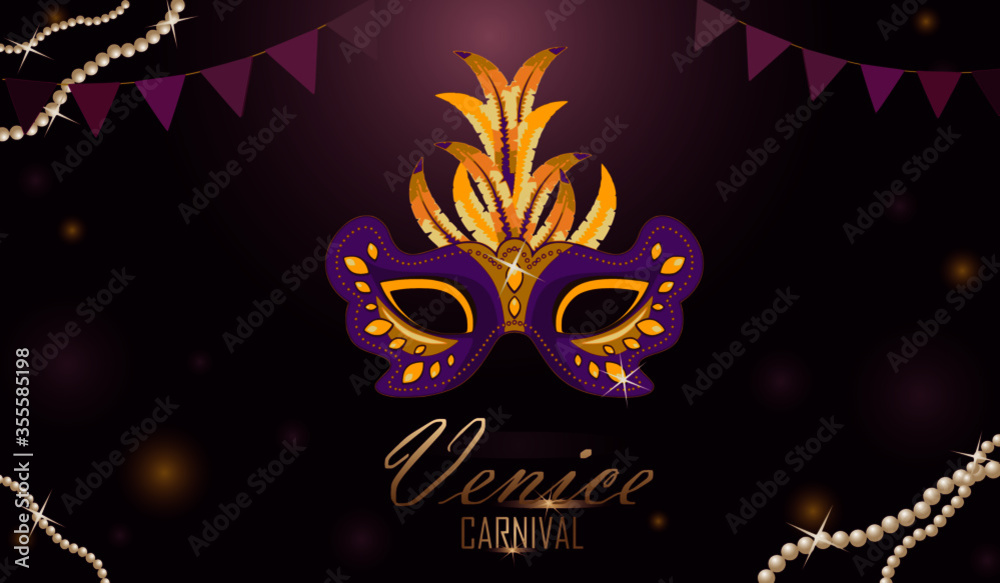 Venice Carnival/Venetian carnival mask with feather, colorful flag, pearl necklace.
