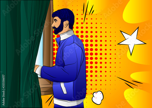 Pop Art casual Man at window, comic book style, cartoon man looking out on a window. photo