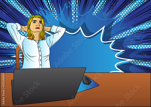 Pop Art Businesswoman relaxing from working at home - comic book style, calm cartoon woman with a laptop. Freelance woman work in