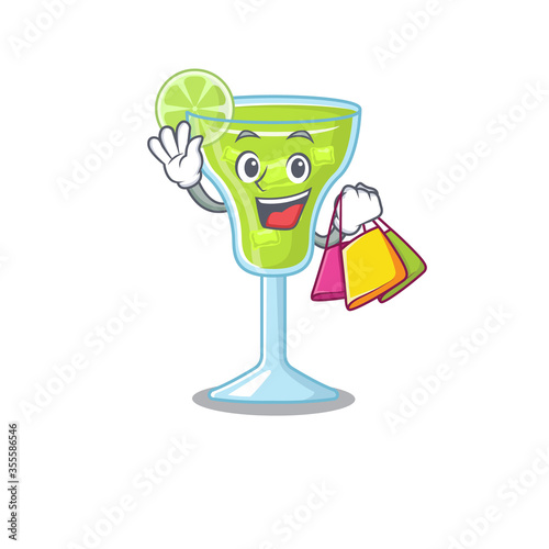 wealthy margarita cocktail cartoon character with shopping bags