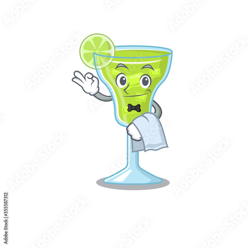 A cartoon picture of margarita cocktail waiter with a white napkin