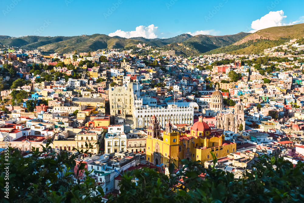 Guanajuato Mexico view during noon, colorful houses and historic buildings.