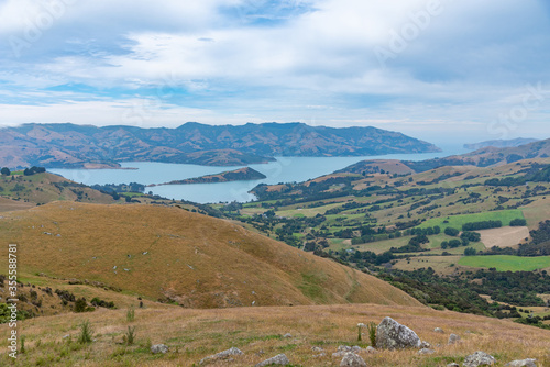 Onawe peninsula near Akaroa inside of Banks peninsula, New Zealand photo