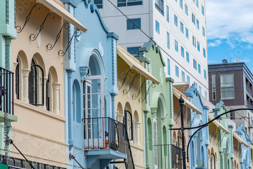 Photography Colorful houses at New Regent street in Christchurch, New Zealand