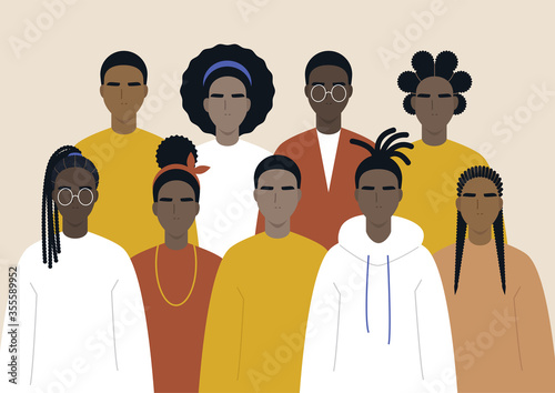 Black community, african people gathered together, a set of male and female characters wearing casual clothes and different hairstyles