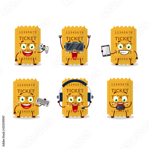 Ticket cartoon character are playing games with various cute emoticons
