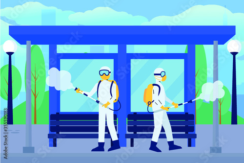 men in protective suit spraying disinfectant to cleaning and disinfect virus, Covid-19, Coronavirus, preventive measure.