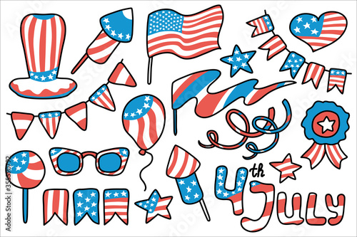 American flag vector clipart set for USA Independence Day. 4 July vector clipart on white background
