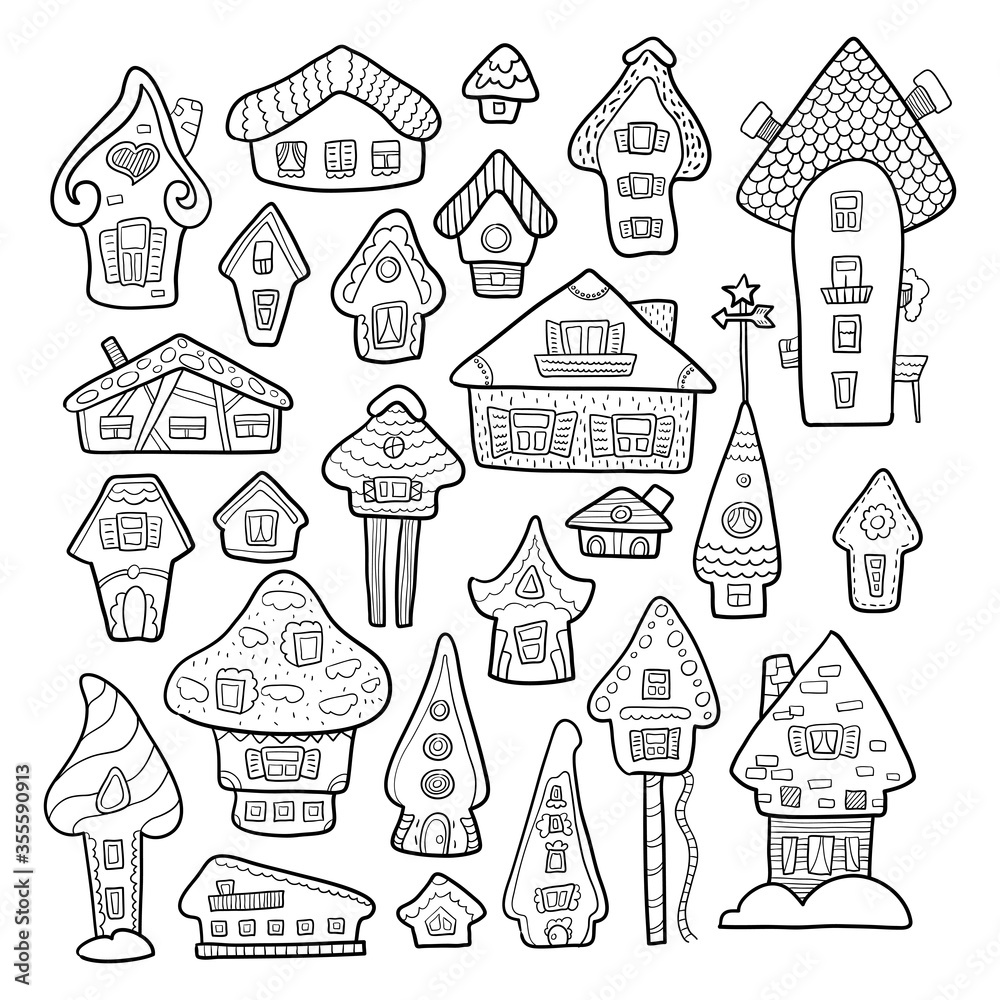 Doodle house vector illustration. Winter seasonal coloring page. Kids nursery poster. Advent calendar template