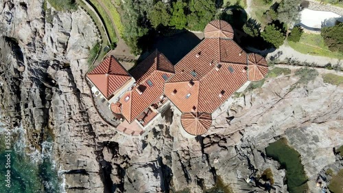 Amazing aerial view of Tuscany coastline in Calafuria area, Italy. Slow motion photo