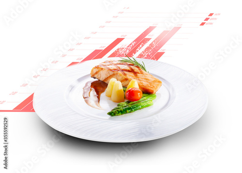 Fish fillet steak and salad and red lettuce on top, isolated on white, with info graphic.