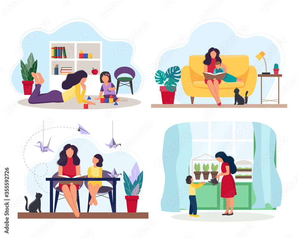 large set of illustrations. quarantine with a child. mom is raising a child. the family spends time together and chatting. joint games. Vector illustration in trendy flat style.