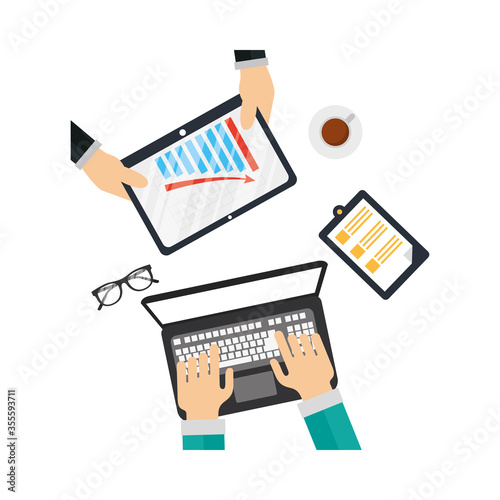 Hands on laptop and tablet with infographic vector design