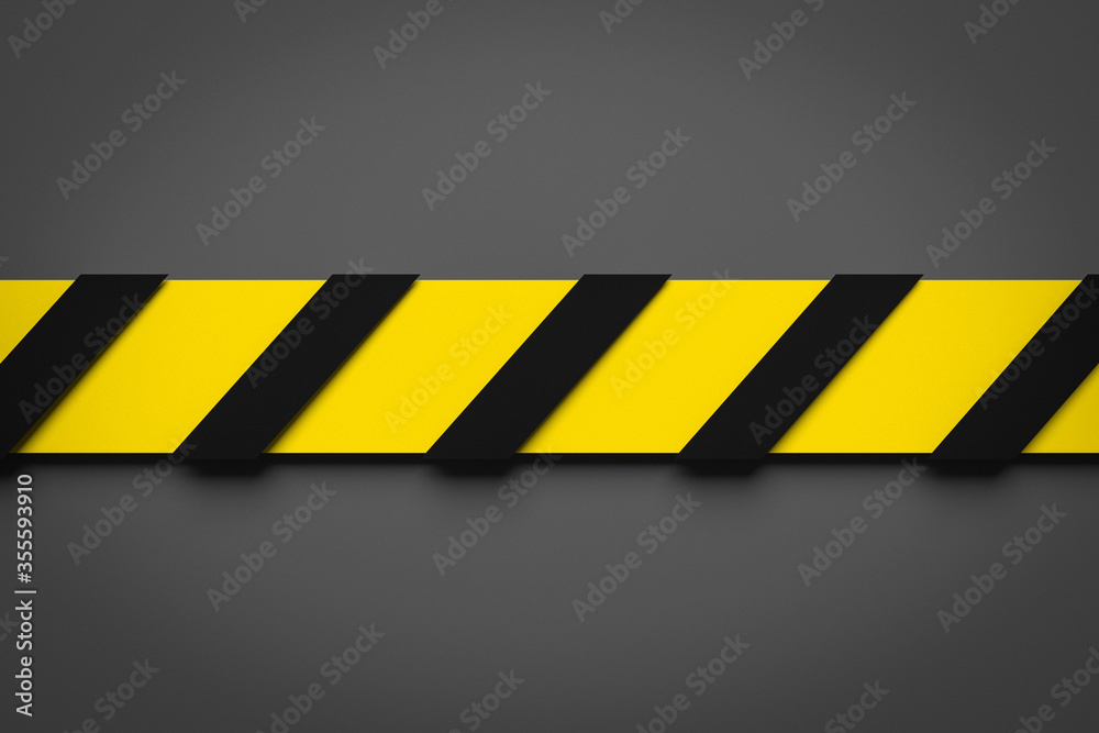 3d illustration of a black and yellow stripe in the middle on a gray background. Warning tapes depicting danger signs and a call to stay away. Barrier tape.Concept of No entry.