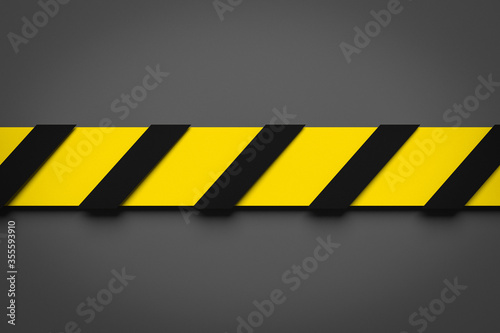 3d illustration of a black and yellow stripe in the middle on a gray background. Warning tapes depicting danger signs and a call to stay away. Barrier tape.Concept of No entry. © Виталий Сова