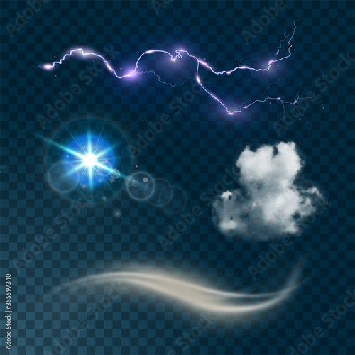 Weather realistic icons set isolated on transparent dark background vector illustration © mariaaverburg