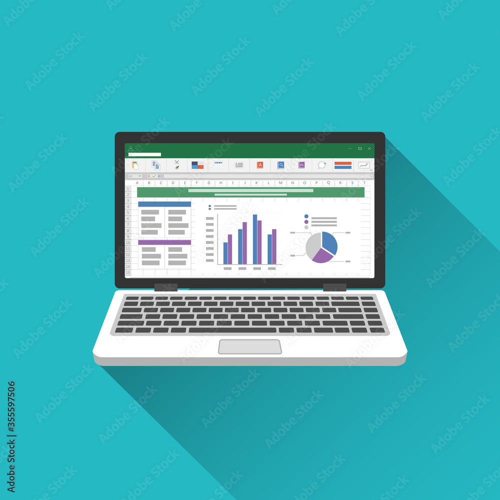 Spreadsheet on Laptop screen flat icon. Financial accounting report concept. office things for planning and accounting, analysis, audit, project management, marketing, research vector illustration. Spreadsheet on Laptop screen flat icon. Financial accounting report concept. office things for planning and accounting, analysis, audit, project management, marketing, research vector illustration.