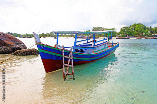 Colorful boats and sandy beaches in Belitung  Indonesia.