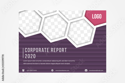 horizontal layout of flyer design template about conference report 2020. Hexagon shape for space for photo with white color on frame. purple background with strip