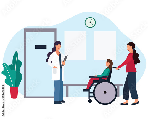 medical theme. family doctor pediatrician and patients. mother with a disabled child in a stroller came for an examination at the clinic. Cartoon style vector illustration.