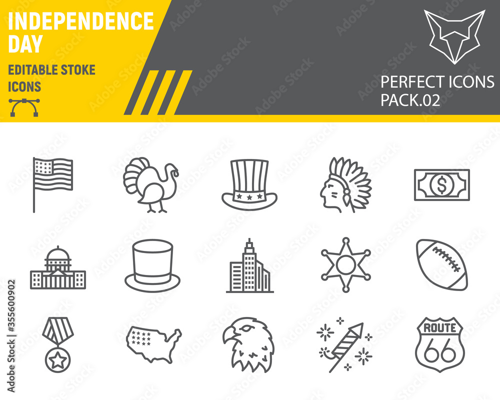 Independence day line icon set, usa symbols collection, vector sketches, logo illustrations, america pride icons, holiday signs linear pictograms, editable stroke.