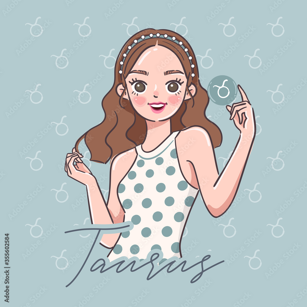 Taurus : Pretty girl with horoscope sign on pastel background :Vector Illustration Taurus : Pretty girl with horoscope sign on pastel background :Vector Illustration