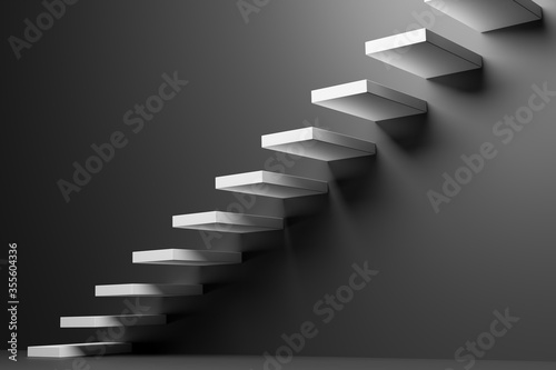 Ascending white stairs in black room abstract 3D illustration.