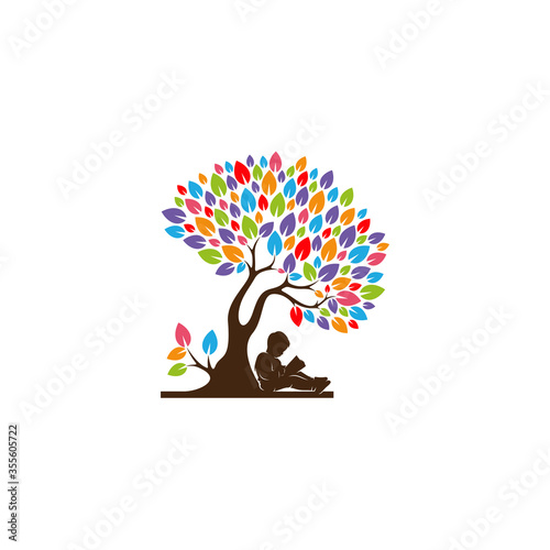 Colorful Tree with children read book dream Logo vector template, Illustration symbol, Creative design