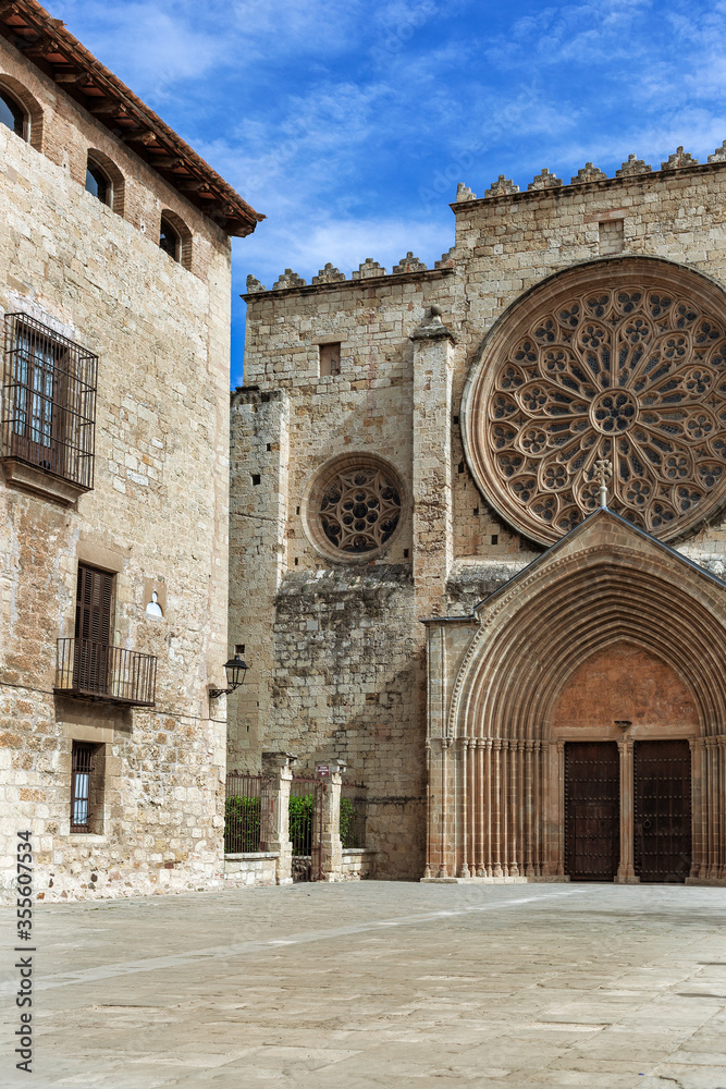 Entrance to Monastery romanesque of the SX in  Sant Cugat del Valles. Barcelona province, Catalonia, Spain