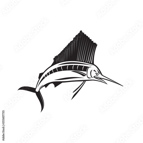 Angry Atlantic Sailfish Jumping Up Side View Retro Black and White