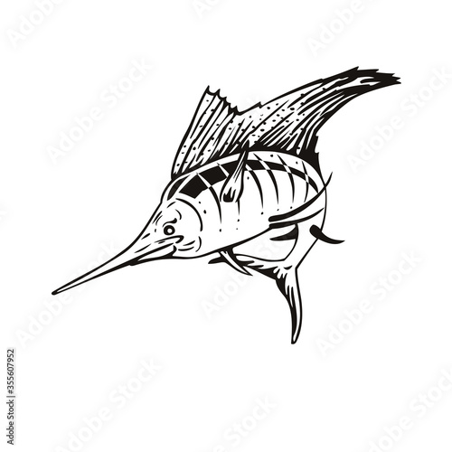 Atlantic Sailfish Jumping Up Woodcut Retro Black and White