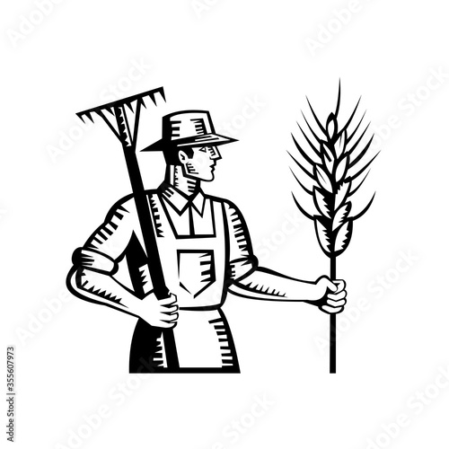 Wheat Farmer Holding a Rake and Cereal Grain Stalk Retro Woodcut