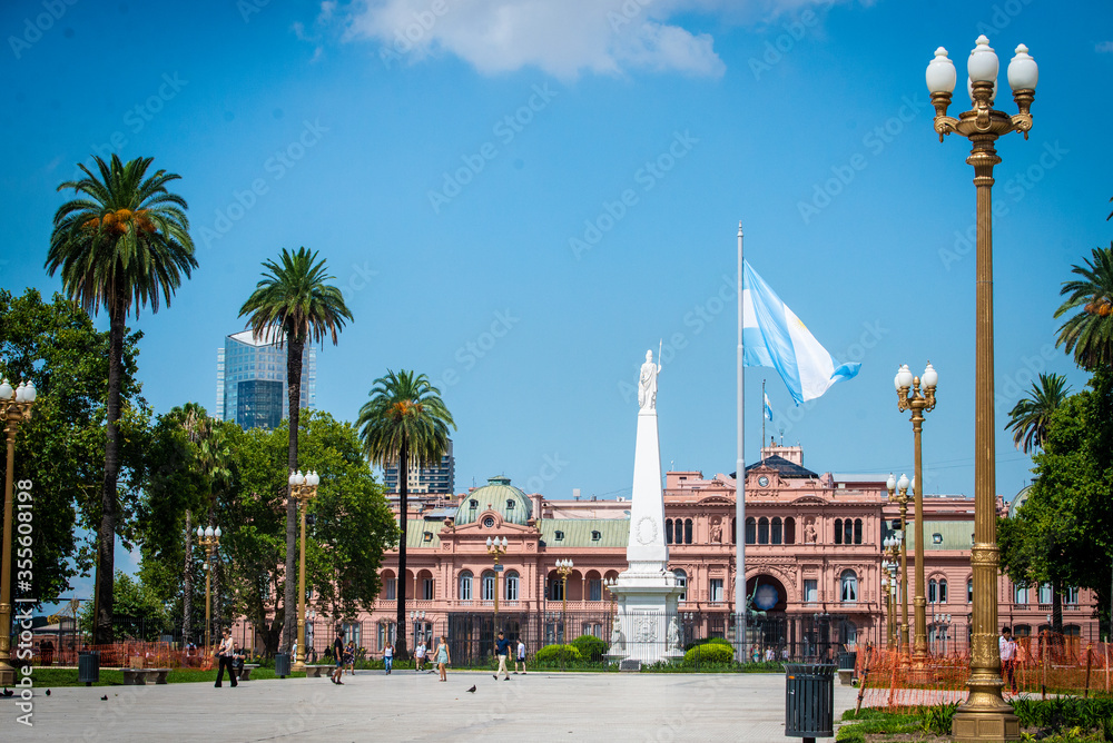 People daily life in the city center of Buenos Aires, next to Plaza de Mayo, the main square in a summer day. Plaza de Mayo (May square) in Buenos Aires, Argentina.
