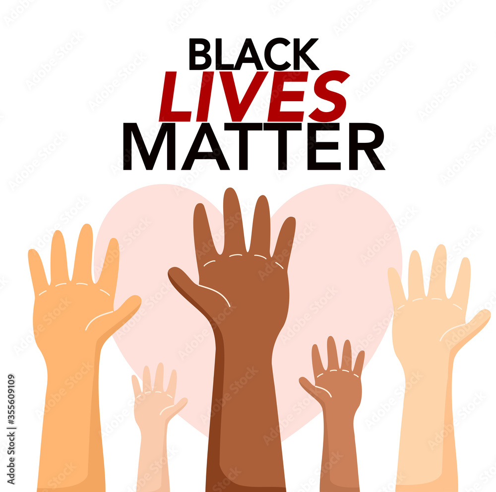 Black lives matter with diverse people raising hands in different races, colors or nationality. Motivational poster, card or banner against racism and discrimination. Flat vector Black lives matter with diverse people raising hands in different races, colors or nationality. Motivational poster, card or banner against racism and discrimination. Flat vector