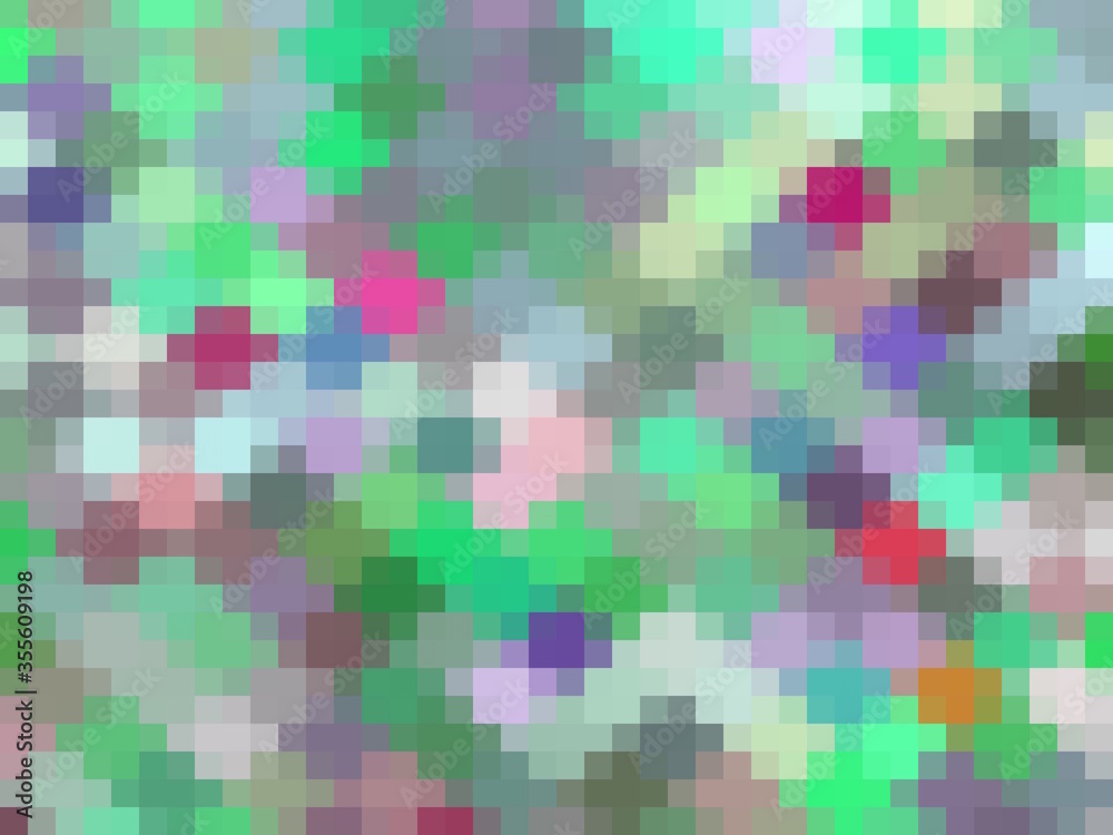 geometric square pixel pattern abstract in green pink purple
