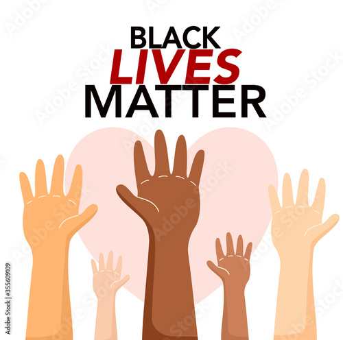 Black lives matter with diverse people raising hands in different races, colors or nationality. Motivational poster, card or banner against racism and discrimination. Flat vector
