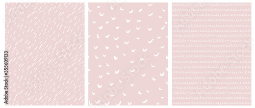 Abstract Hand Drawn Childish Style Vector Patterns. White Stripes, Arches and Lines with Loops on a Pastel Pink Background. Modern Geometric Seamless Pattern. Irregular Freehand Repeatable Print.
