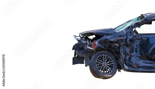 Front of black color car get big damage by accident on road. Isolated on white background. Car crash. Car clash. with copy space