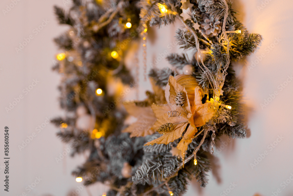 Interior Merry Christmas. Magic luminous Christmas tree with New Year's gifts and toys, fireplace, gifts. New Years is soon! Interior Merry Christmas. Magic luminous Christmas tree with New Year's gifts and toys, fireplace, gifts. New Years is soon!