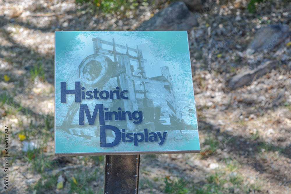 Historic Mining Display Sign for old Gold Mining Equipment. Prescott Valley, Yavapai County, Prescott National Forest, Arizona USA